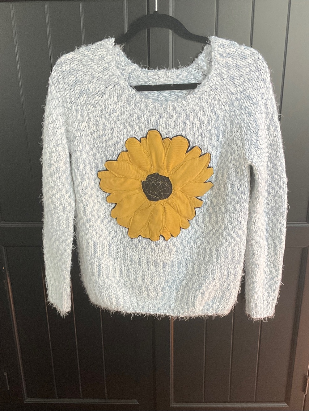 Light Blue Fuzzy Crewneck Sweater with Yellow Sunflower Patch Autism